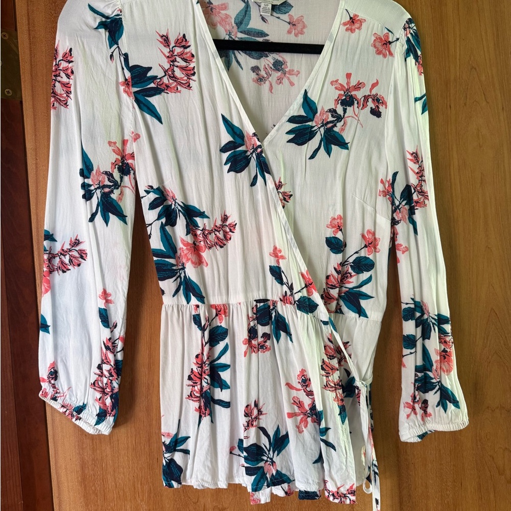 Lucky Brand Floral Wrap Blouse - White and Pink
